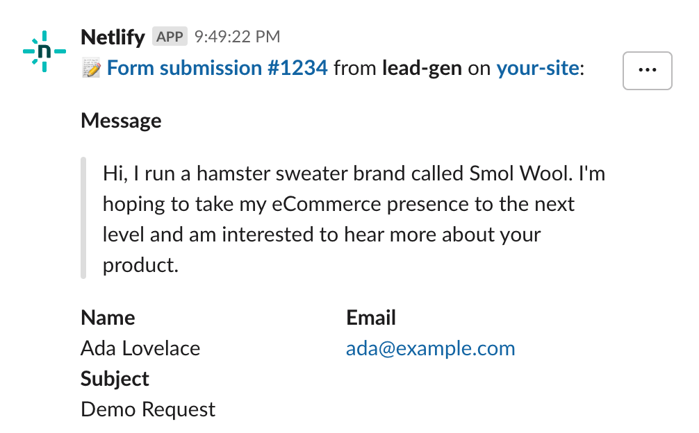 A Slack notification showing a submission from a lead generation form. Ada Lovelace runs a hamster sweater brand called Smol Wool and wants to know about this company's product.